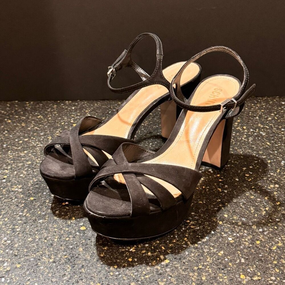 SchultzโKEEFA Black Suede Block Heel Sandals. Size 10B.